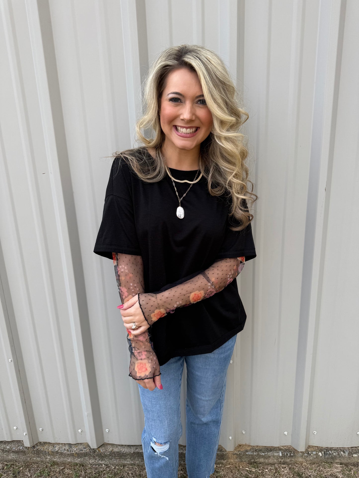 459 Tee with mesh lace sleeves