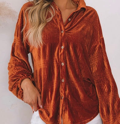 413 Rust Solid Color Textured Velvet Button Up Shirt