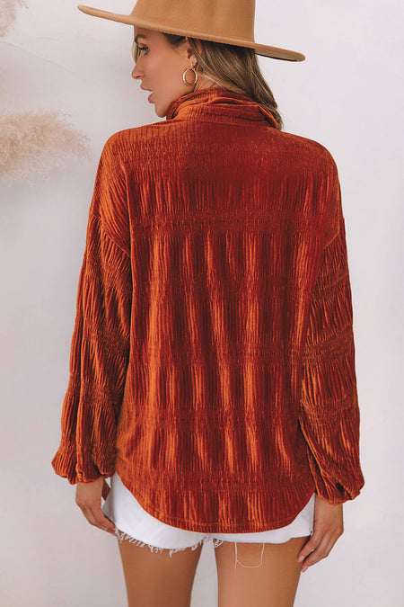 413 Rust Solid Color Textured Velvet Button Up Shirt