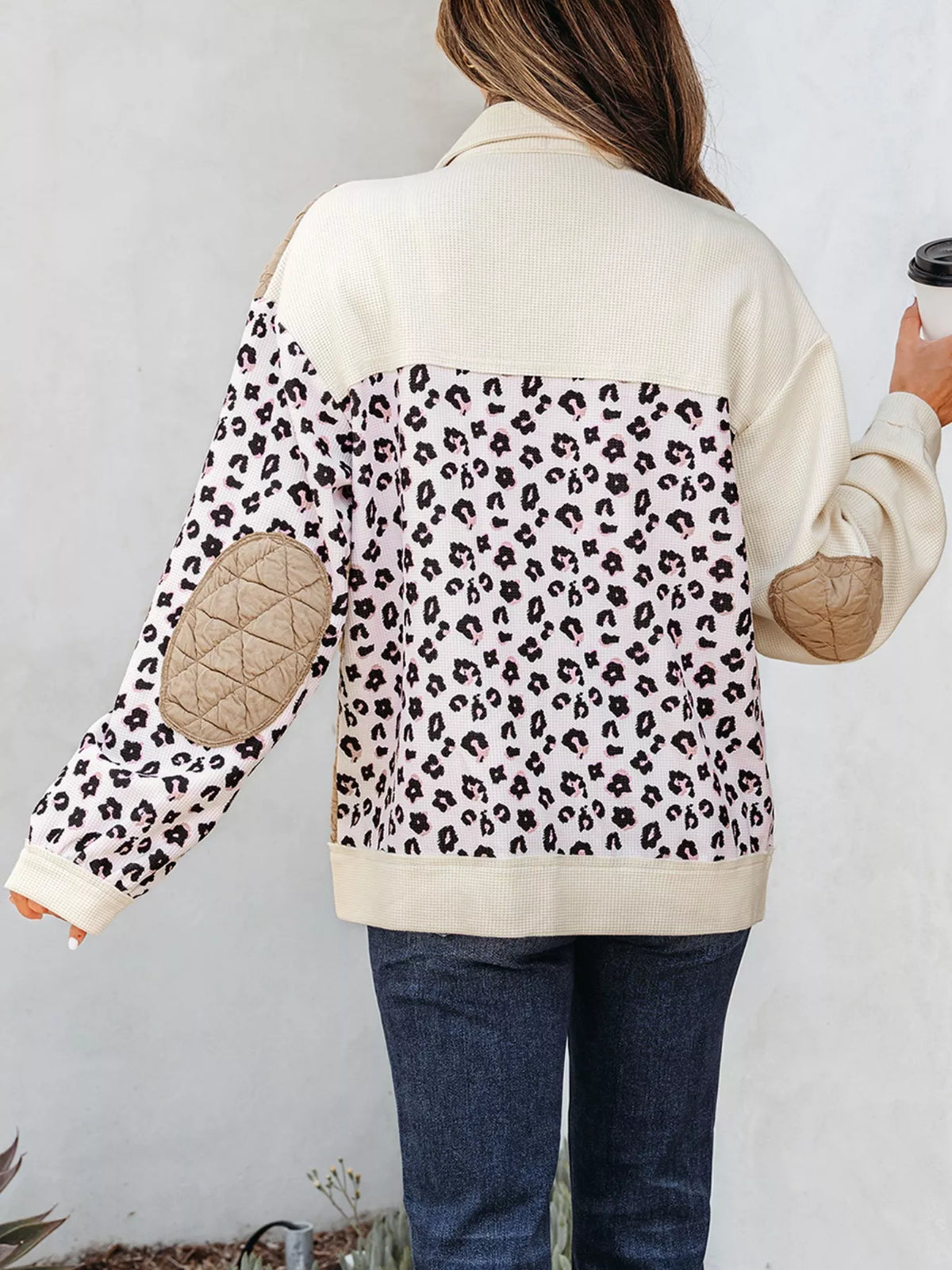 753 Leopard Waffle Quilted Patchwork Button Front Jacket