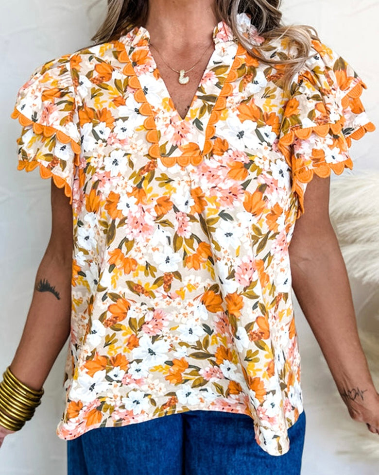 556 Orange floral v-neck