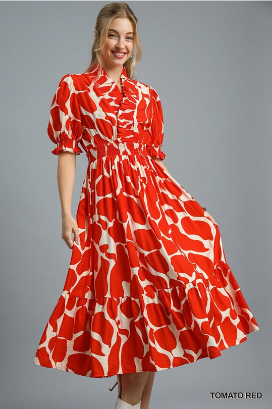 584 Abstract Print Smocked Midi Dress