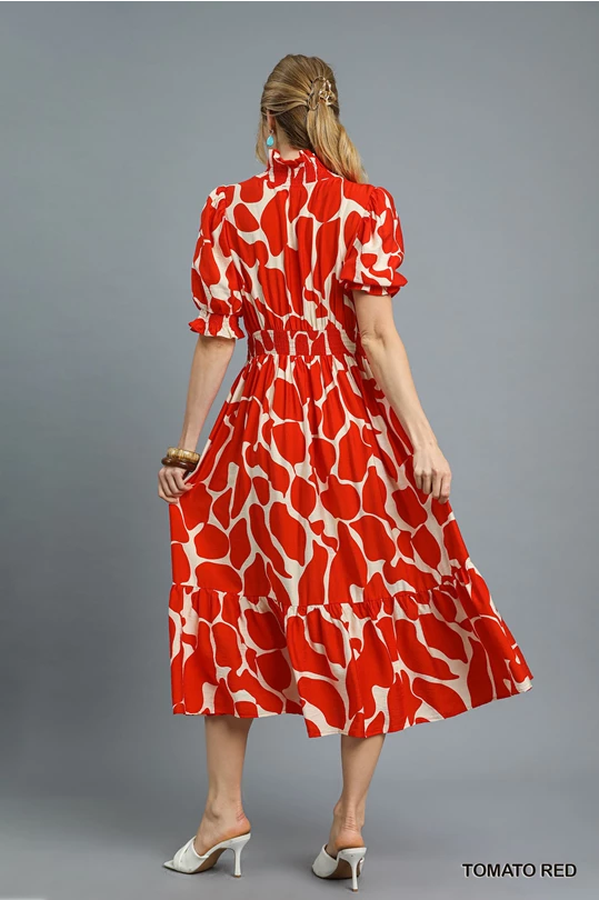 584 Abstract Print Smocked Midi Dress