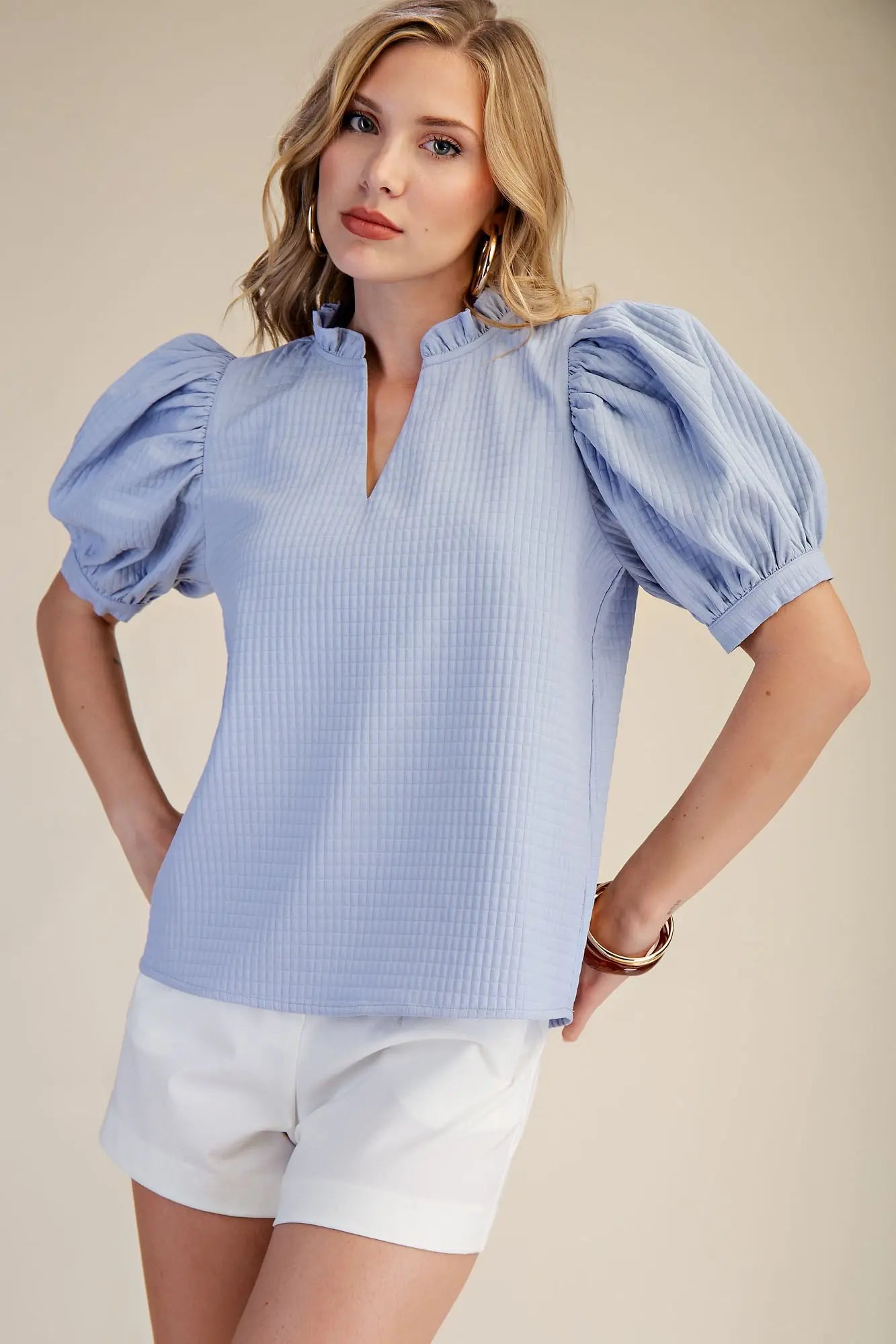 79 Ruffle V-Neck Puff Sleeve Top