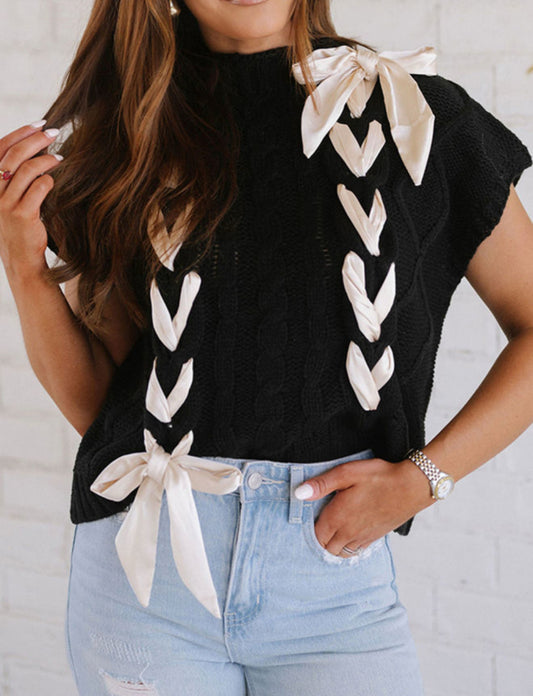 474 Black Cable Knit Colorblock Bowknot Short Sleeve Sweater