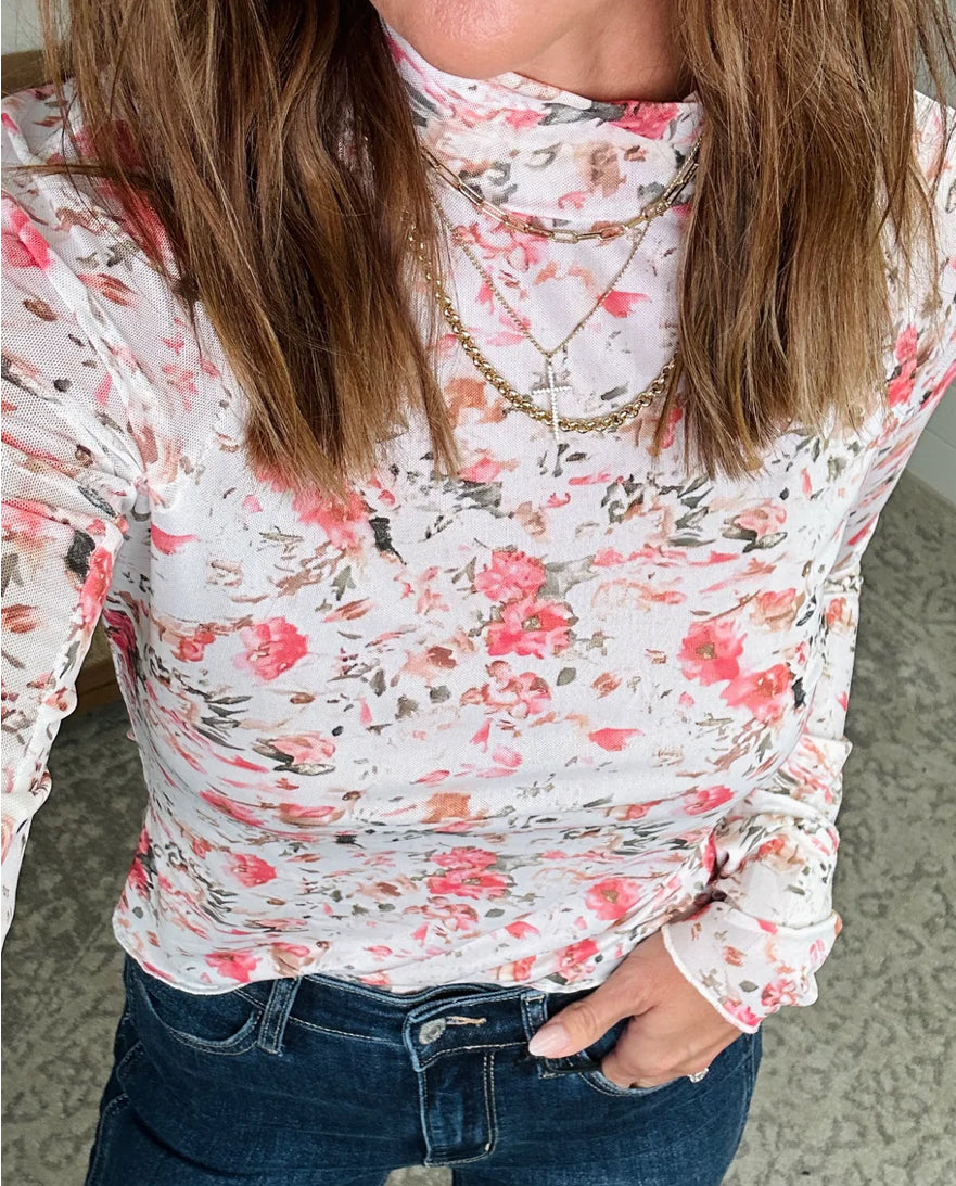 419 FLORAL MOCK NECK LONG SLEEVE BLOUSE