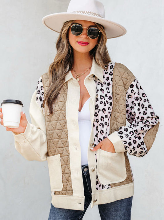 753 Leopard Waffle Quilted Patchwork Button Front Jacket