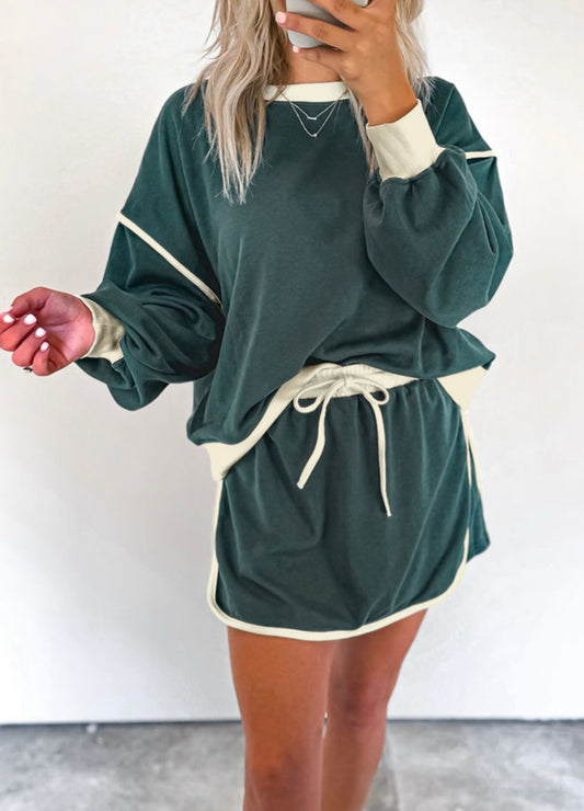 472 Lightweight Long Sleeve Hunter Green Top and High waisted Skort Set