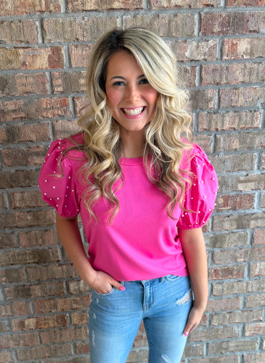 509 Pink Pearl Beaded Puff Sleeve Top