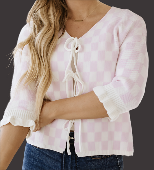 455 Checkered knit tie front sweater