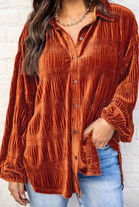 413 Rust Solid Color Textured Velvet Button Up Shirt