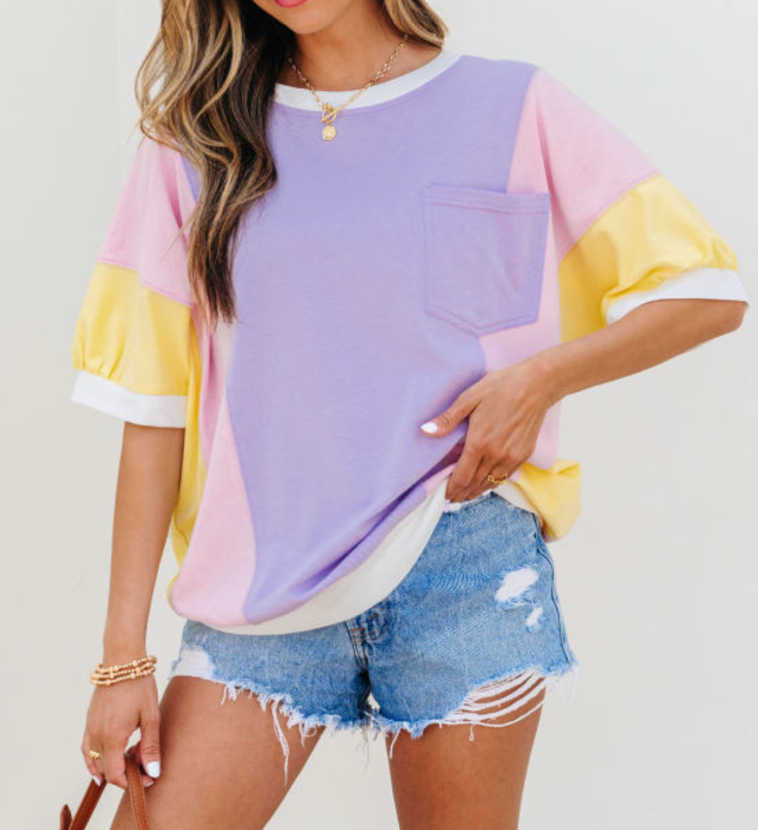 614 Purple Color Block Patchwork Half Sleeve Oversized T Shirt