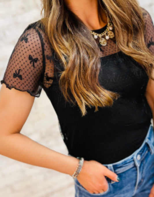 513 BLACK BOW PATTERN MESH TOP