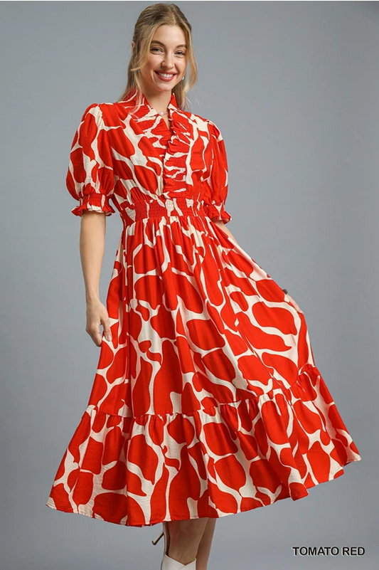 584 Abstract Print Smocked Midi Dress